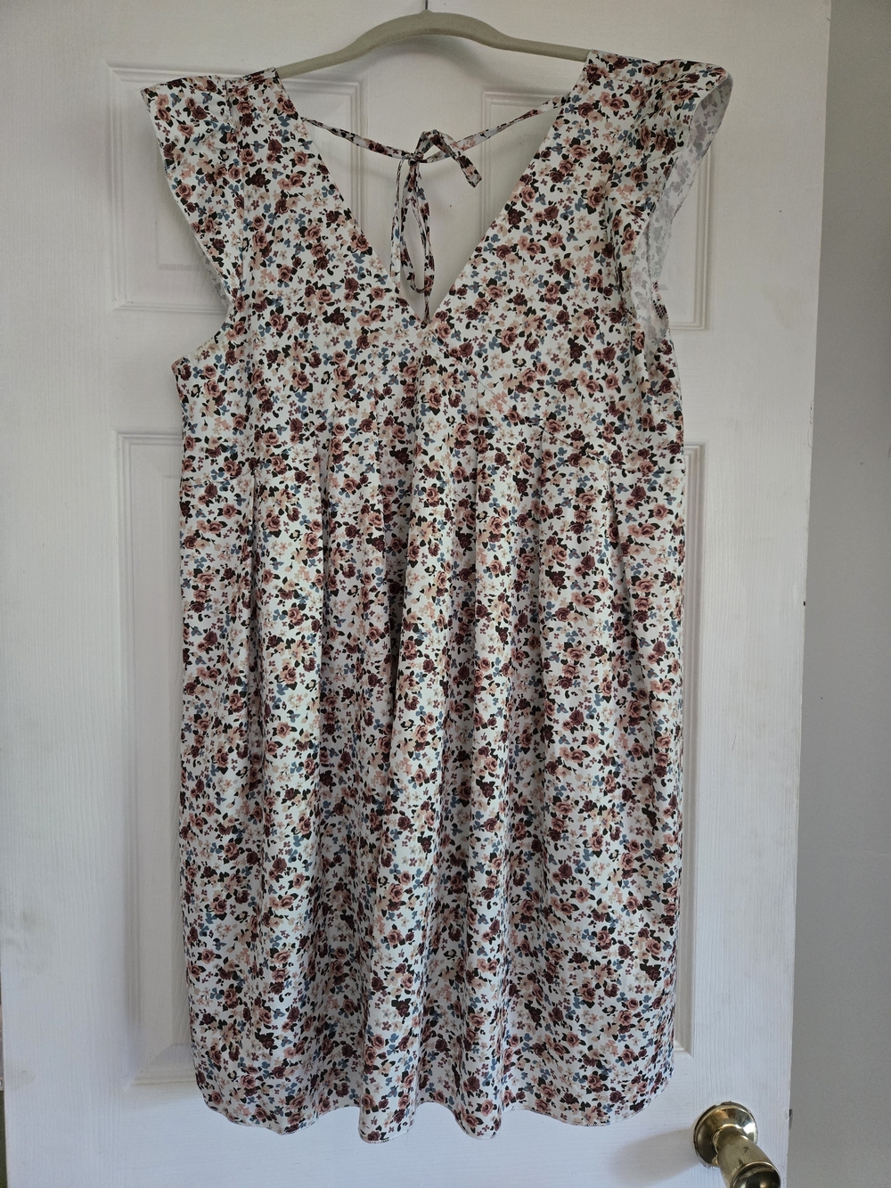 Girls Floral Tie-Back Summer Dress - White with Pink & Brown Flowers